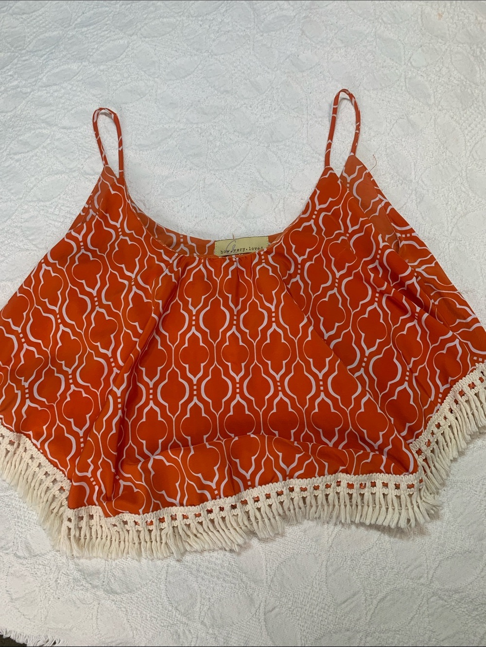 Orange and White Moroccan Lattice Print Patterned Fringe Crop Tank Top - Women's